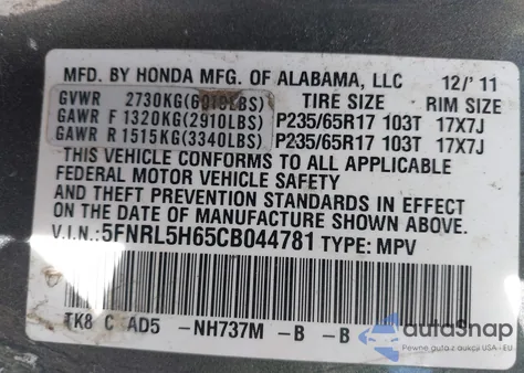2012 Honda Odyssey Ex-L from USA, damaged, VIN 5FNRL5H65CB044781
